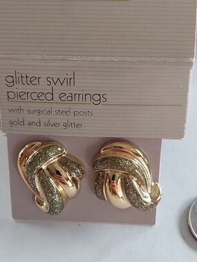 Vintage Avon Gold and Silver Glitter Swirl Pierced Earrings